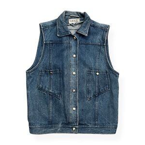 Vintage 1980s Medium Wash Denim Vest Jacket with Snap Buttons and Pockets